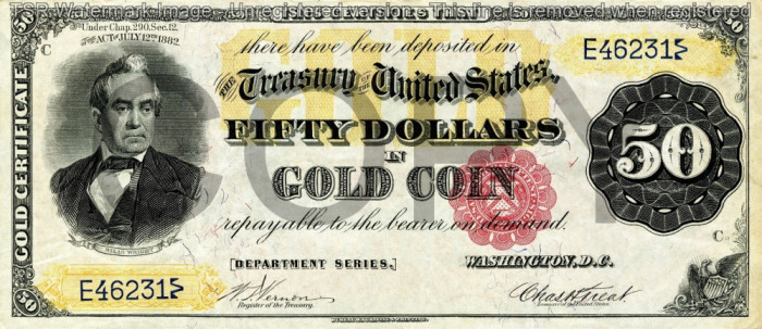 50 dolari 1882 Reproducere Bancnota USD , Dimensiune reala 1:1