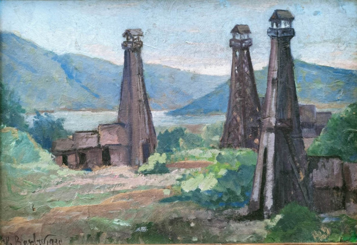 Elena Barbu (Ipcar) (1880-?), pictură &quot;Peisaj cu sonde la C&acirc;mpina&quot;, datată 1930