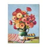 Tablou carafa cu flori si fructe pictat manual, 50x40cm ulei pe panza, gata de agatat pe peretre