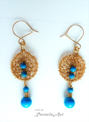 B67. Cercei Unicat Turcoise cu sarma crosetata, in tehnici crosetate, Nunti, Lux foto