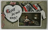 GOTT MIT UNS ! MONTAJ FOTOGRAFIC CU STEAGUL GERMANIEI SI SOLDAT SCRIIND IUBITEI DIN RZBOI , CARTE POSTALA ILUSTRATA , 1915