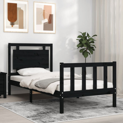 vidaXL Cadru de pat cu tăblie, negru, 90x200 cm, lemn masiv foto