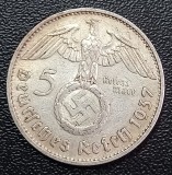 (A1097) MONEDA DIN ARGINT GERMANIA - 5 MARK 1937, LIT. F, VARIANTA CU SWASTIKA, MAI RARA, Europa