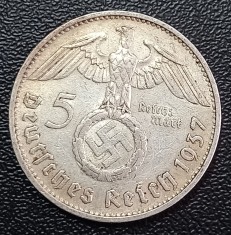 (A1097) MONEDA DIN ARGINT GERMANIA - 5 MARK 1937, LIT. F, VARIANTA CU SWASTIKA, MAI RARA