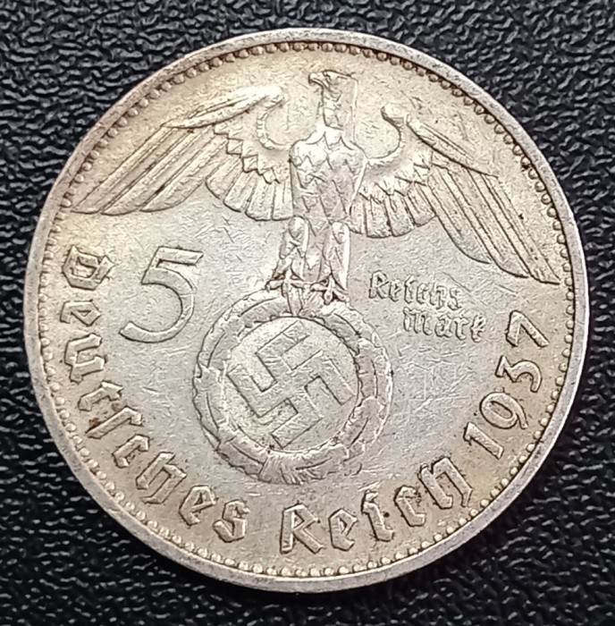 (A1097) MONEDA DIN ARGINT GERMANIA - 5 MARK 1937, LIT. F, VARIANTA CU SWASTIKA, MAI RARA