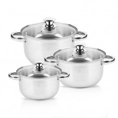 Set oală Rosberg R51210O6, 6 bucăți, 3-5 L, Capac sticlă, Inox