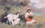 Ion MARINESCU-V&Acirc;LSAN (1866-1935)-Ţărăncuţă cu caprele, pastel