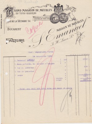 Factura Grand magasin de meuble S. Emanuel Bucuresti Furnizor Curtea Regala 1922 foto
