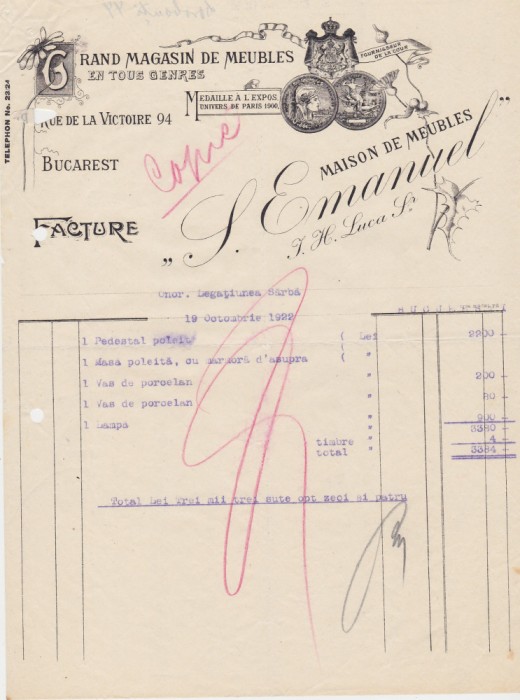 Factura Grand magasin de meuble S. Emanuel Bucuresti Furnizor Curtea Regala 1922