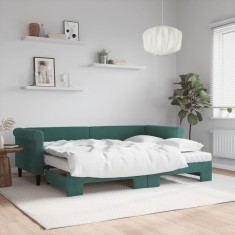 vidaXL Pat de zi cu extensie și saltele verde &icirc;nchis 80x200 cm catifea 3197790