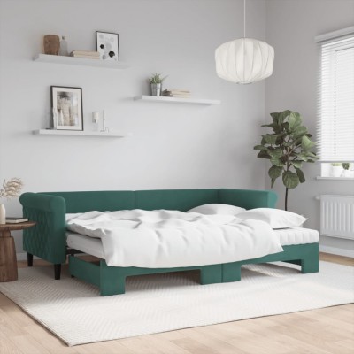vidaXL Pat de zi cu extensie și saltele verde &amp;icirc;nchis 80x200 cm catifea 3197790 foto