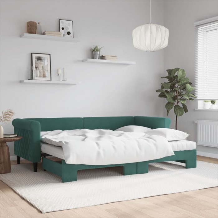 vidaXL Pat de zi cu extensie și saltele verde &icirc;nchis 80x200 cm catifea 3197790