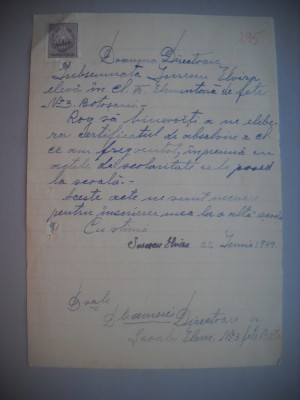 HOPCT DOCUMENT VECHI NR 490 IURESCU ELVIRA-EVREU-SCOALA NR 3 FETE BOTOSANI 1949 foto