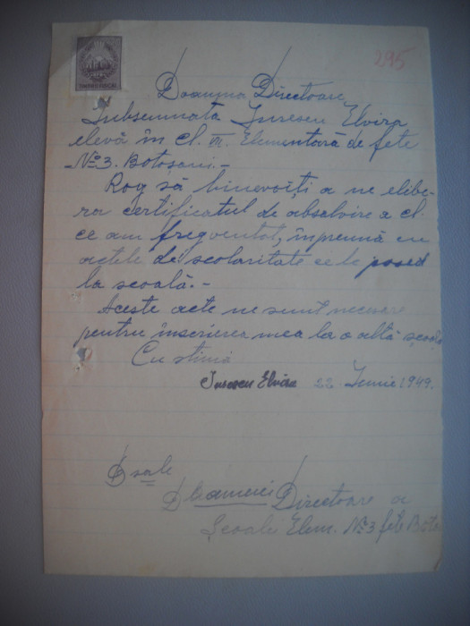 HOPCT DOCUMENT VECHI NR 490 IURESCU ELVIRA-EVREU-SCOALA NR 3 FETE BOTOSANI 1949