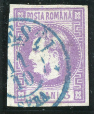 1868 , Lp 22 , Carol I cu favoriti 3 Bani violet - stampilat foto