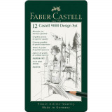 Set 12 Creioane Grafit Faber &ndash; Castell 9000 Set Design, Forma Hexagonala, Ambalate in Cutie Metalica, Densitati Diferite, Creione Grafit Scoala, Rechi