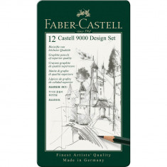 Set 12 Creioane Grafit Faber – Castell 9000 Set Design, Forma Hexagonala, Ambalate in Cutie Metalica, Densitati Diferite, Creione Grafit Scoala, Rechi