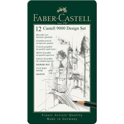 Set 12 Creioane Grafit Faber &amp;ndash; Castell 9000 Set Design, Forma Hexagonala, Ambalate in Cutie Metalica, Densitati Diferite, Creione Grafit Scoala, Rechi foto