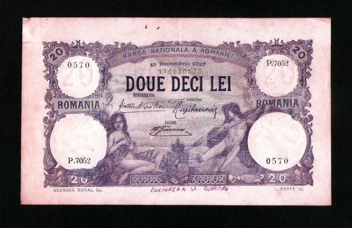 ROMANIA 20 LEI - Decembrie 1927 . Foarte frumoasa si rara !