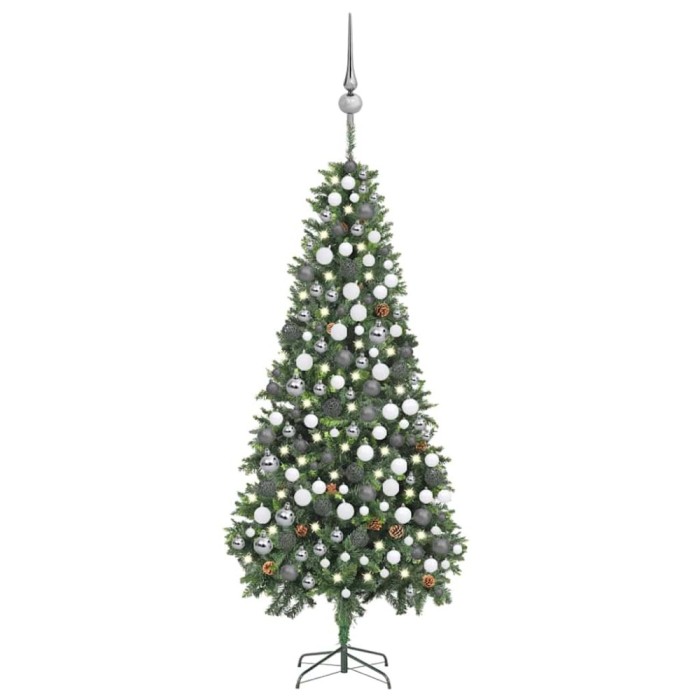 Brad Crăciun artificial pre-iluminat globuri/conuri pin 210 cm