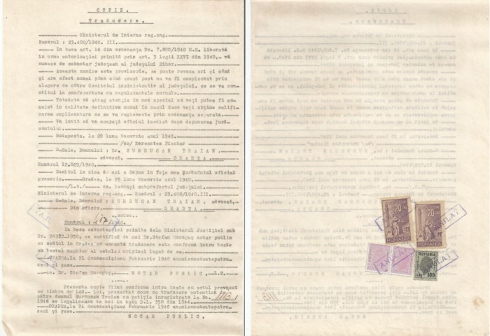 Romania, Ministerul de Interne, numire, traducere, copie fiscalizata, 1946