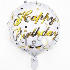 Balon din folie metalizata, flippy, mini figurina rotunda, model happy birthday, tema aniversare, 45 cm, ambalaj individual, pai inclus, umflare cu ae