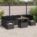 Set de masă de grădină cu 8 piese și perne, ratan poly negru, acacia