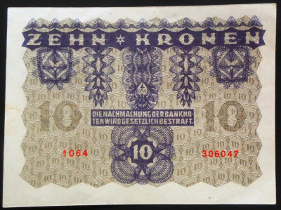 Bancnota istorica 10 COROANE - AUSTRO-UNGARIA, anul 1922 *cod 863 - seria 306047 foto