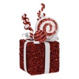 Decorațiune Crăciun, Model Cadou, Tinsel Roșu, Panglică Albă, Acadea, 12x12x27 cm, Oem