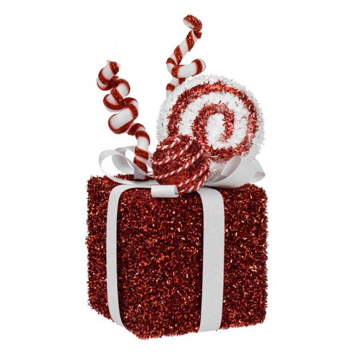 Decorațiune Crăciun, Model Cadou, Tinsel Roșu, Panglică Albă, Acadea, 12x12x27 cm