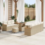Set canapea grădină vidaXL 10 piese cu perne Bej Ratan Poly Acacia, Set dining grădină vidaXL 3 piese cu perne Bej Ratan Poly Acacia