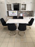 Set Monza masa fixa + 6 scaune modern alb lucios cu scaune catifea neagră
