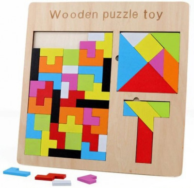 Puzzle din lemn 3 in 1, IsoTrade, multicolor, lemn, 22.5 x 22.5 x 0.8 cm foto