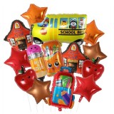 Baloane decorative back to school, flippy, set mix 12 baloane, autobuz mere stele rechizite, din folie de aluminiu, 40 x 80 cm, adeziv si pai inclus,