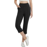 Pantaloni de yoga capri pentru femei, din material elastic, cu buzunare, cu picior drept, pantaloni casual de birou