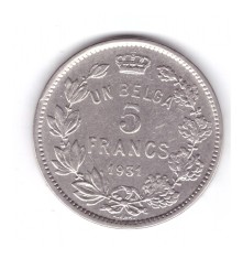 Moneda Belgia 5 francs/franci 1931, text in franceza, pe cant text in pozitia B, stare buna, curata