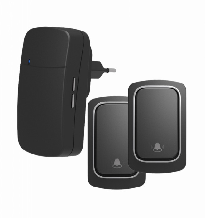 Sonerie fara fir si fara baterie 2 transmitatoare - comutator cinetic (2 butoane) si 1 receptor negru ( 1 sonerie) la priza , 38 melodii, distanta 150