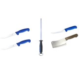 Cumpara ieftin Set profesional pentru macelarie, 3 cutite, 1 satar, 1 masat pentru ascutit