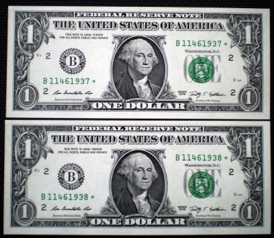 104 USA SUA 2X1 DOLLAR 2009 SERII CONSECUTIVE SR. 937-938 AUNC STEA STAR NOTE foto