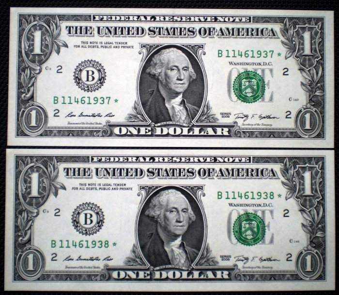 104 USA SUA 2X1 DOLLAR 2009 SERII CONSECUTIVE SR. 937-938 AUNC STEA STAR NOTE