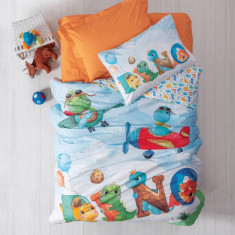 Lenjerie de pat pentru o persoana + cearceaf cu elastic Young, 3 piese, 160x220 cm, 100% bumbac ranforce, Cotton Box, Roar, portocaliu