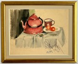 Tablou 1954 Natura statică cu Ceainic pictura acuarele inramat 27x33cm