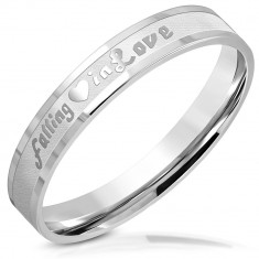 Inel din oțel inoxidabil - inscripție &quot;falling in love&quot;, linii strălucitoare, dungi mate, 3,5 mm - Marime inel: 44