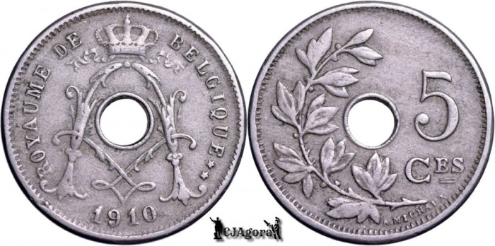 1910, 5 Centimes - Albert I - Regatul Belgiei - inscripție franceză