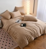 Cumpara ieftin Lenjerie De Pat Tip Matase Pluvia Tm009, Bumbac, Poliester, 4 Piese, Fara Elastic, Crem