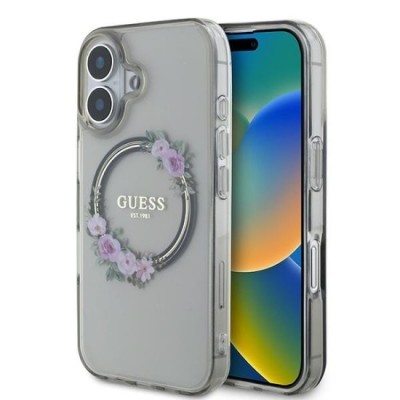Husa pentru iPhone 16 - Guess IML Flowers Wreath MagSafe (GUHMP16SHFWFCK) - Black foto