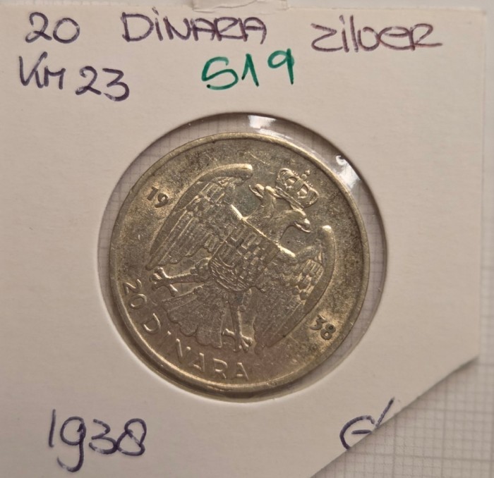 519 Iugoslavia, Yugoslavia, 20 Dinara - Peter II 1938, KM#23, argint