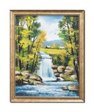 Cumpara ieftin Tablou peisaj din natura pictat manual inramat, La cascada de la rau, 55x45cm ulei panza, rama alba din lemn
