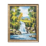 Tablou peisaj din natura pictat manual inramat, La cascada de la rau, 55x45cm ulei panza, rama alba din lemn