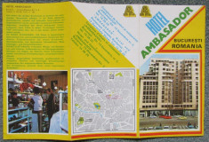 BUCURESTI HOTEL AMBASADOR -Pliant turistic in trei limbi.Anii &amp;#039;70.Harta. foto